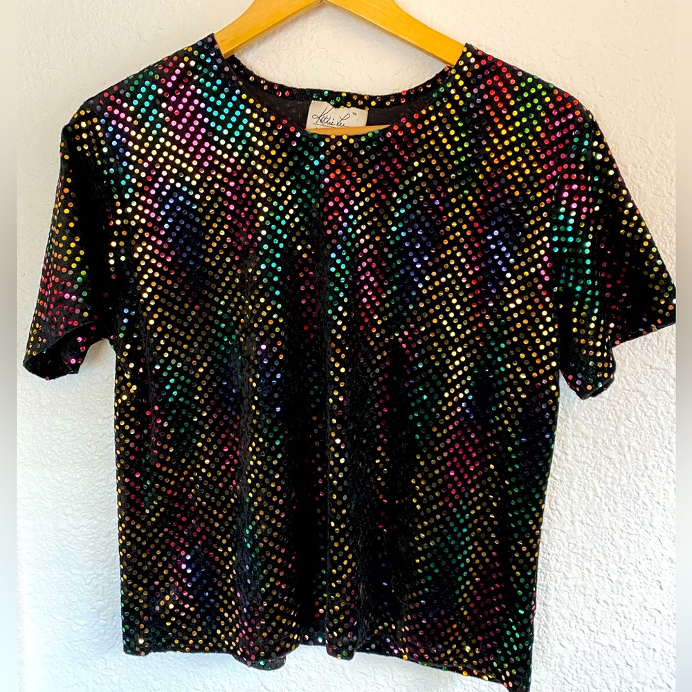 Velvet disco ball top with rainbow sequins